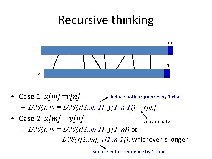 Recursive thinking m x n y • Case 1: x[m]=y[n] Reduce both sequences by