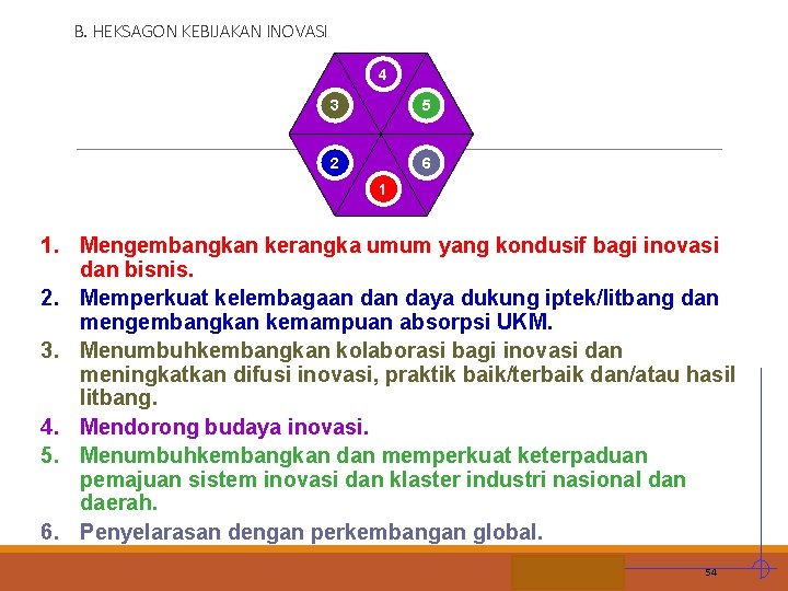 B. HEKSAGON KEBIJAKAN INOVASI 4 3 5 2 6 1 1. Mengembangkan kerangka umum