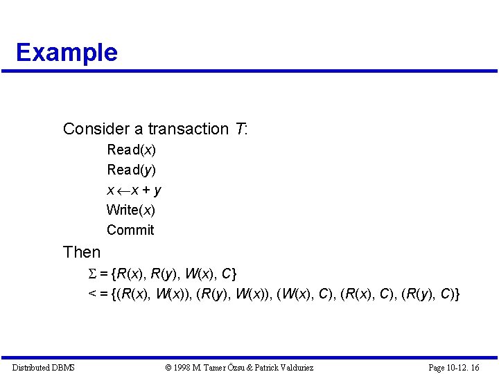 Example Consider a transaction T: Read(x) Read(y) x x + y Write(x) Commit Then Example Consider a transaction T: Read(x) Read(y) x x + y Write(x) Commit Then