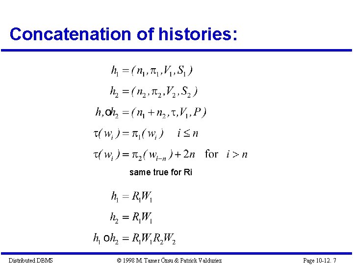 Concatenation of histories: same true for Ri Distributed DBMS © 1998 M. Tamer Özsu Concatenation of histories: same true for Ri Distributed DBMS © 1998 M. Tamer Özsu