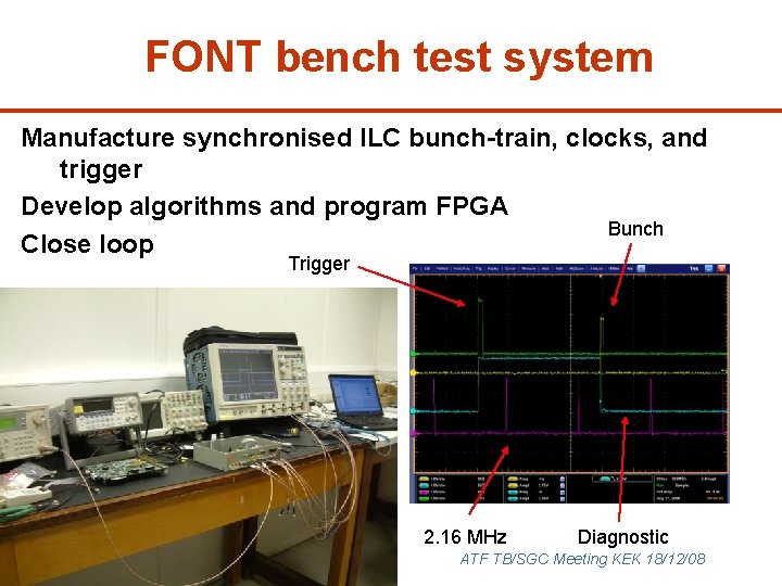 FONT bench test system Manufacture synchronised ILC bunch-train, clocks, and trigger Develop algorithms and