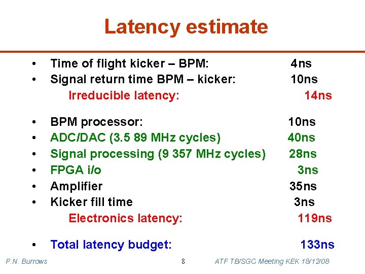 Latency estimate • • Time of flight kicker – BPM: Signal return time BPM