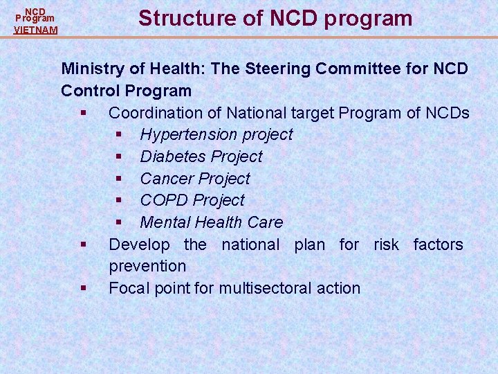 NCD Program VIETNAM Structure of NCD program Ministry of Health: The Steering Committee for NCD Program VIETNAM Structure of NCD program Ministry of Health: The Steering Committee for