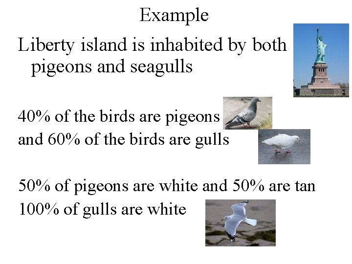 Example Liberty island is inhabited by both pigeons and seagulls 40% of the birds