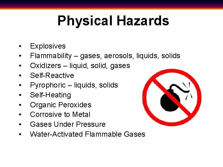 Physical Hazards • • • Explosives Flammability – gases, aerosols, liquids, solids Oxidizers –
