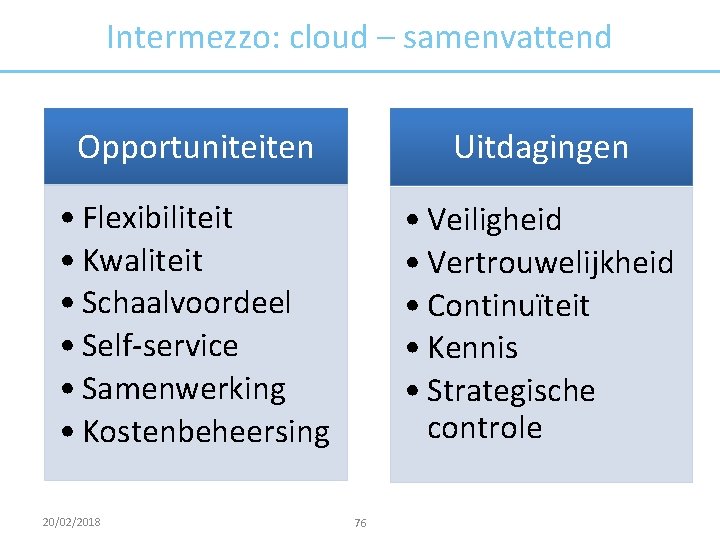 Intermezzo: cloud – samenvattend Opportuniteiten Uitdagingen • Flexibiliteit • Kwaliteit • Schaalvoordeel • Self-service