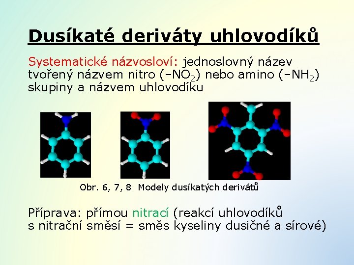 Dusíkaté deriváty uhlovodíků Systematické názvosloví: jednoslovný název tvořený názvem nitro (–NO 2) nebo amino
