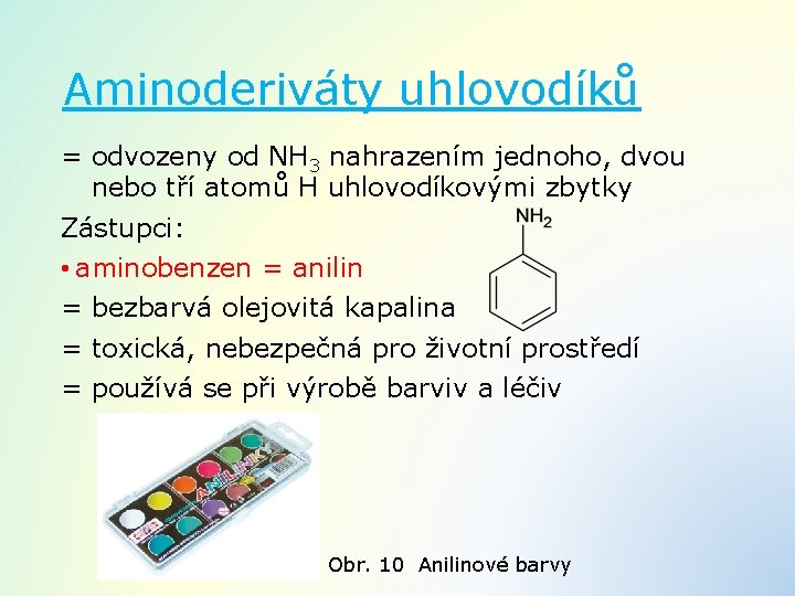 Aminoderiváty uhlovodíků = odvozeny od NH 3 nahrazením jednoho, dvou nebo tří atomů H
