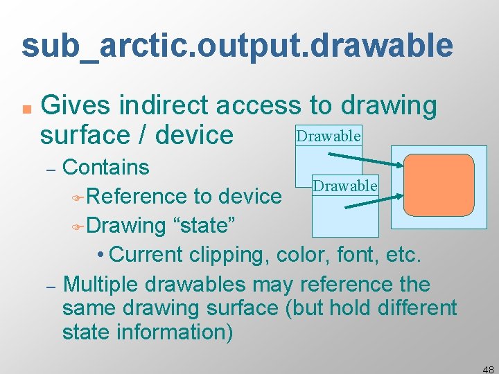 sub_arctic. output. drawable n Gives indirect access to drawing Drawable surface / device Contains