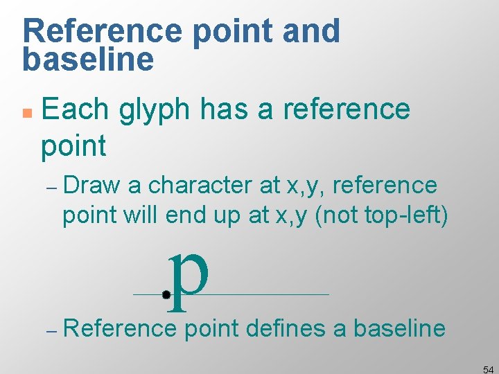 Reference point and baseline n Each glyph has a reference point – Draw a