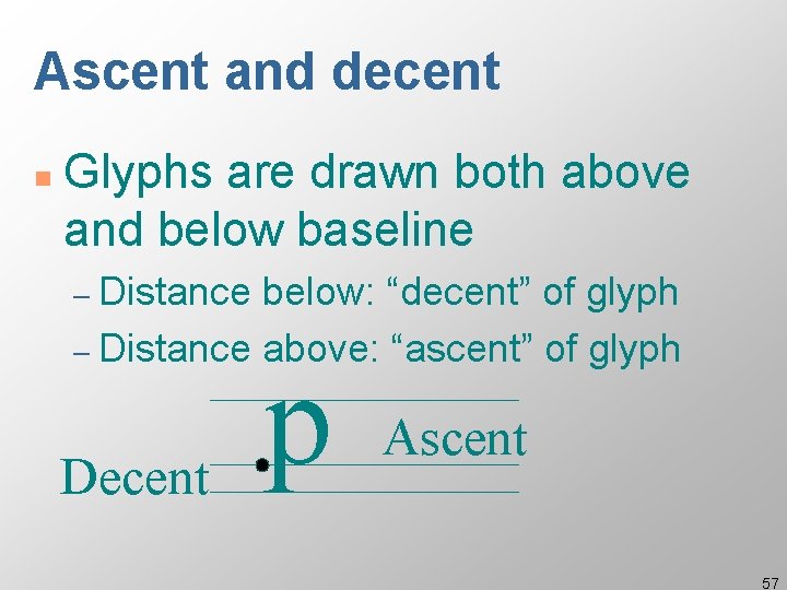 Ascent and decent n Glyphs are drawn both above and below baseline – Distance