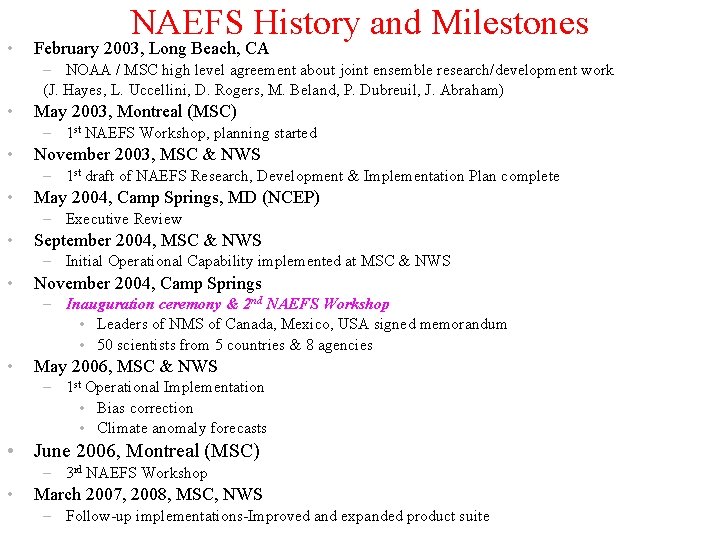 • NAEFS History and Milestones February 2003, Long Beach, CA – NOAA /