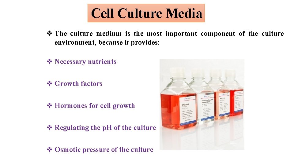 Cell Culture Media v The culture medium is the most important component of the