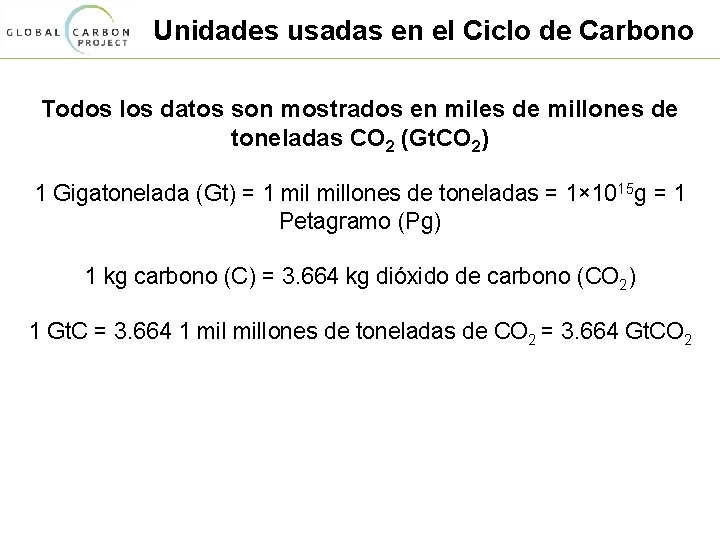 Unidades usadas en el Ciclo de Carbono Todos los datos son mostrados en miles