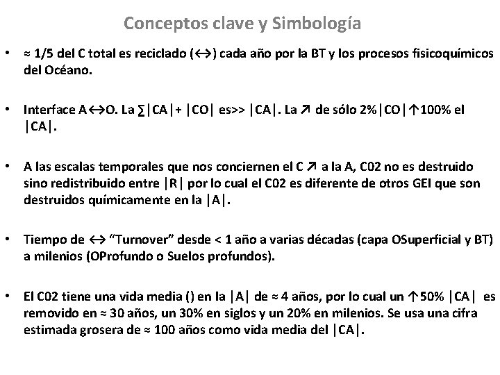 Conceptos clave y Simbología • ≈ 1/5 del C total es reciclado (↔) cada