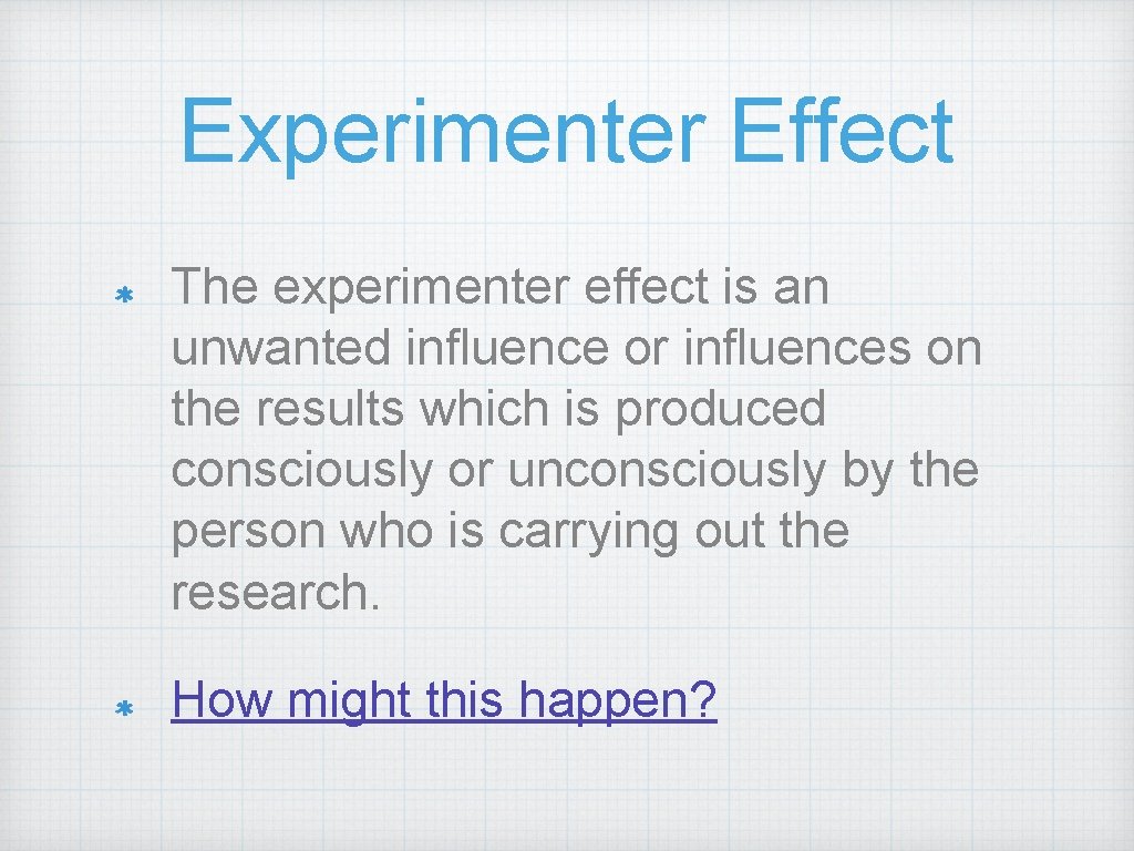 Experimenter Effect The experimenter effect is an unwanted influence or influences on the results