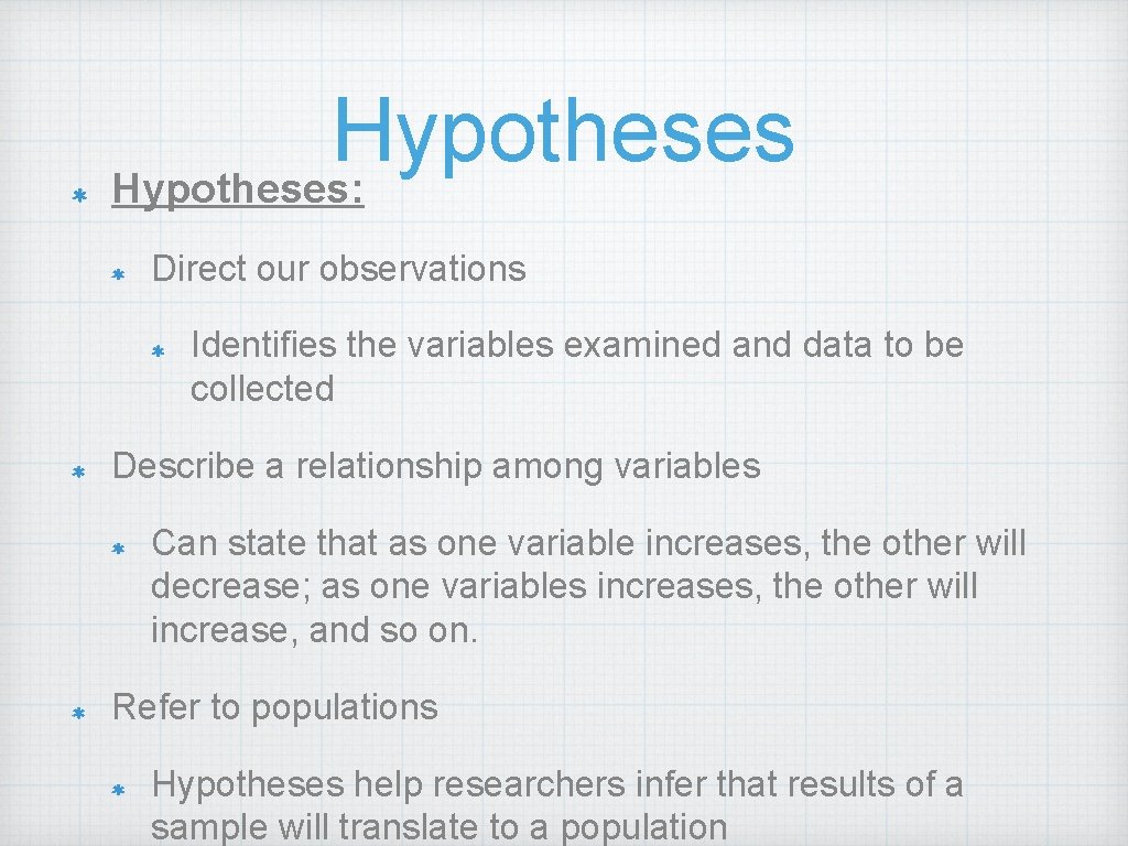 Hypotheses: Direct our observations Identifies the variables examined and data to be collected Describe