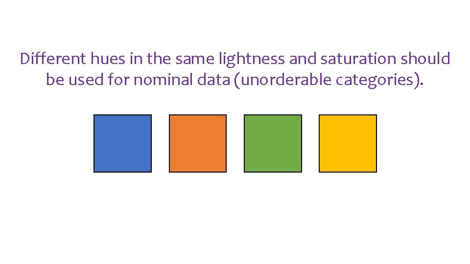 Different hues in the same lightness and saturation should be used for nominal data