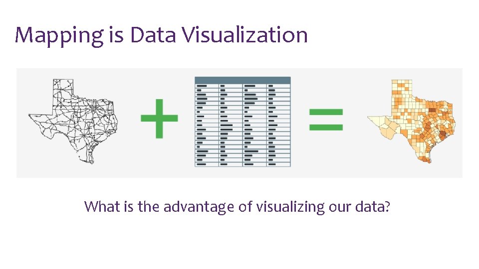 Mapping is Data Visualization What is the advantage of visualizing our data? 