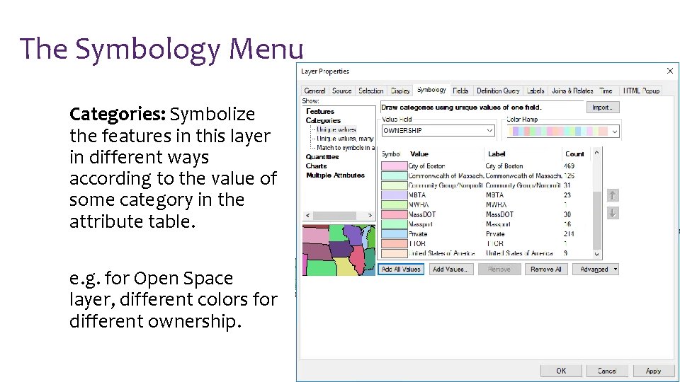 The Symbology Menu Categories: Symbolize the features in this layer in different ways according