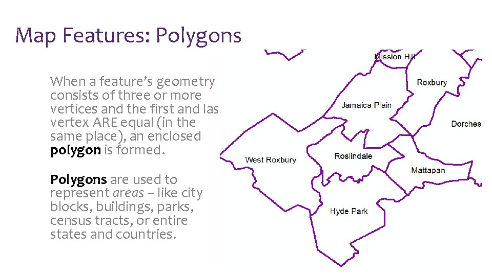 Map Features: Polygons When a feature’s geometry consists of three or more vertices and