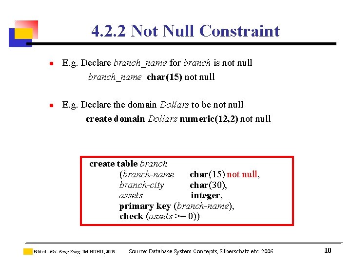4. 2. 2 Not Null Constraint n n E. g. Declare branch_name for branch 4. 2. 2 Not Null Constraint n n E. g. Declare branch_name for branch