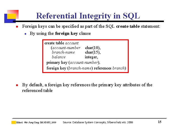 Referential Integrity in SQL n Foreign keys can be specified as part of the Referential Integrity in SQL n Foreign keys can be specified as part of the