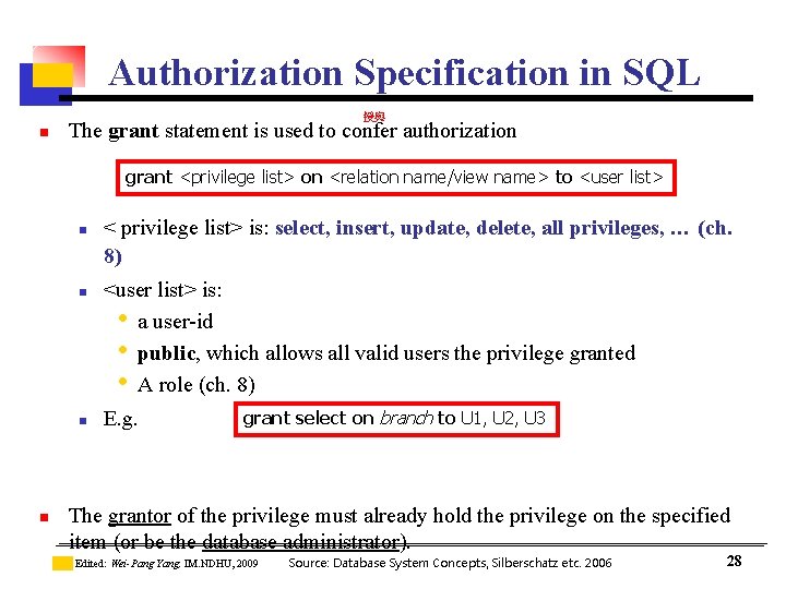 Authorization Specification in SQL 授與 n The grant statement is used to confer authorization Authorization Specification in SQL 授與 n The grant statement is used to confer authorization