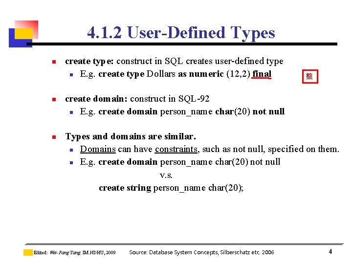 4. 1. 2 User-Defined Types n n n create type: construct in SQL creates 4. 1. 2 User-Defined Types n n n create type: construct in SQL creates