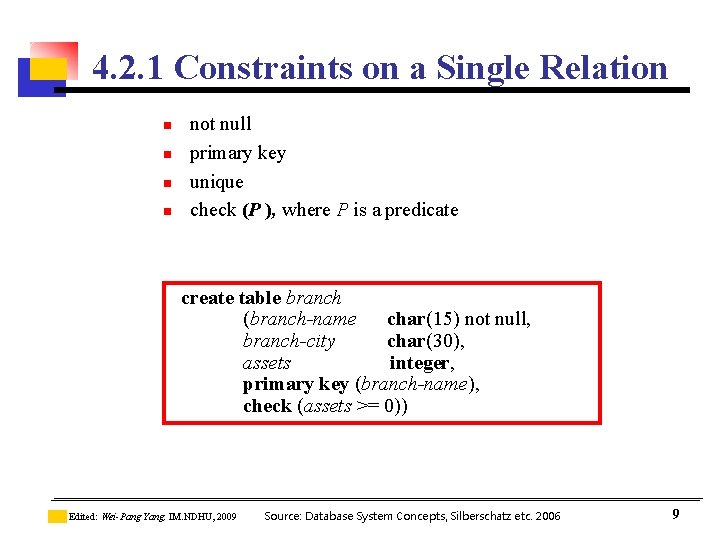 4. 2. 1 Constraints on a Single Relation n n not null primary key 4. 2. 1 Constraints on a Single Relation n n not null primary key