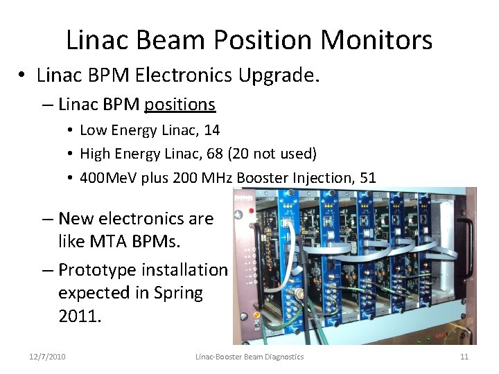 Linac Beam Position Monitors • Linac BPM Electronics Upgrade. – Linac BPM positions •