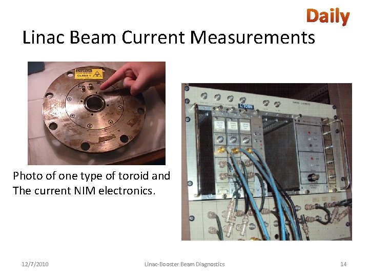 Daily Linac Beam Current Measurements Photo of one type of toroid and The current