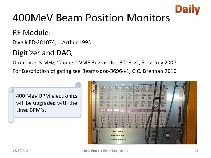 400 Me. V Beam Position Monitors Daily RF Module: Dwg # ED-281074, J. Arthur