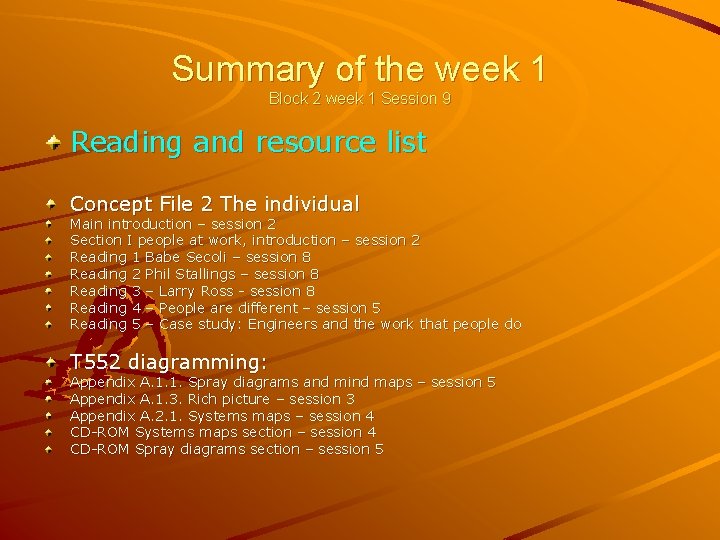 Summary of the week 1 Block 2 week 1 Session 9 Reading and resource