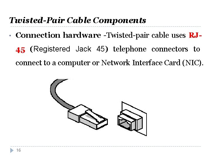 Twisted-Pair Cable Components • Connection hardware -Twisted-pair cable uses RJ 45 (Registered Jack 45)