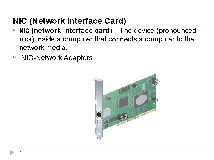 NIC (Network Interface Card) (network interface card)—The device (pronounced nick) inside a computer that