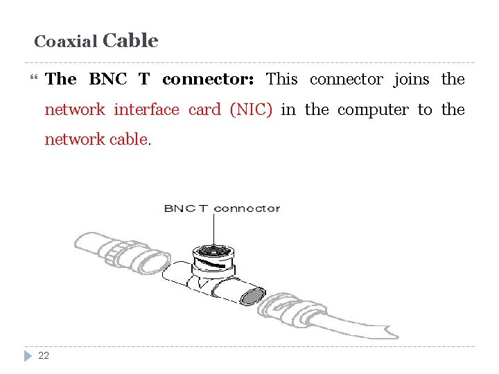 Coaxial Cable The BNC T connector: This connector joins the network interface card (NIC)