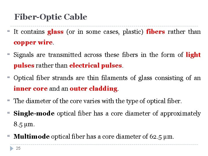 Fiber-Optic Cable It contains glass (or in some cases, plastic) fibers rather than copper
