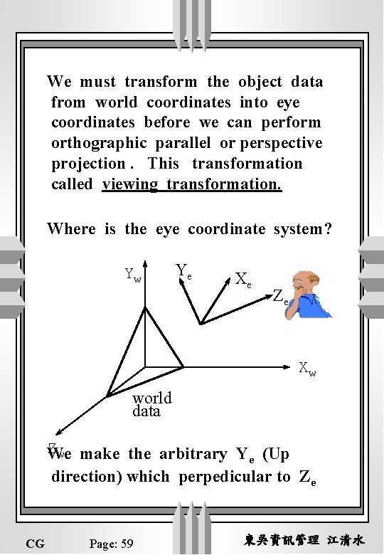 We must transform the object data from world coordinates into eye coordinates before we