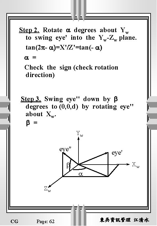 Step 2. Rotate a degrees about Yw to swing eye' into the Yw-Zw plane.