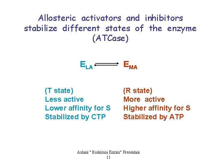 Allosteric activators and inhibitors stabilize different states of the enzyme (ATCase) ELA (T state)