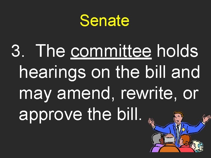 Senate 3. The committee holds hearings on the bill and may amend, rewrite, or