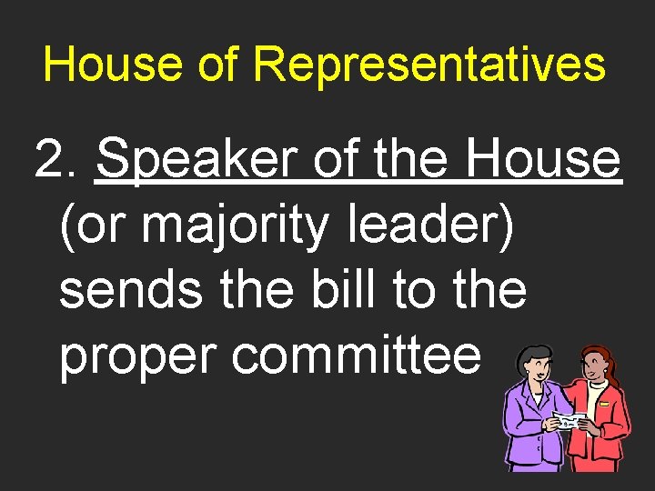 House of Representatives 2. Speaker of the House (or majority leader) sends the bill