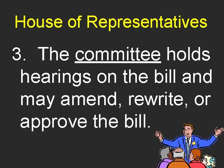 House of Representatives 3. The committee holds hearings on the bill and may amend,
