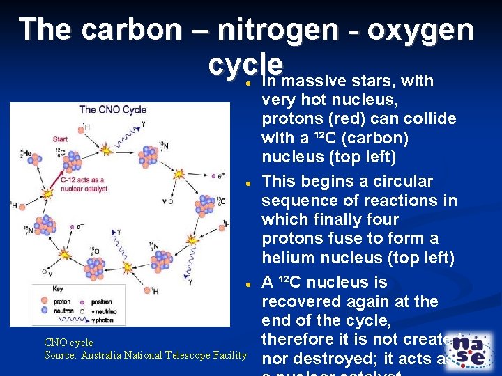 The carbon – nitrogen - oxygen cycle In massive stars, with CNO cycle Source: