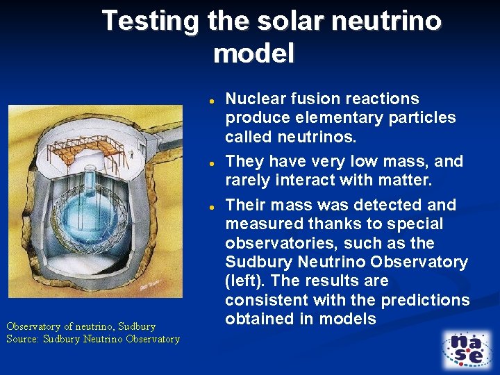 Testing the solar neutrino model Observatory of neutrino, Sudbury Source: Sudbury Neutrino Observatory Nuclear