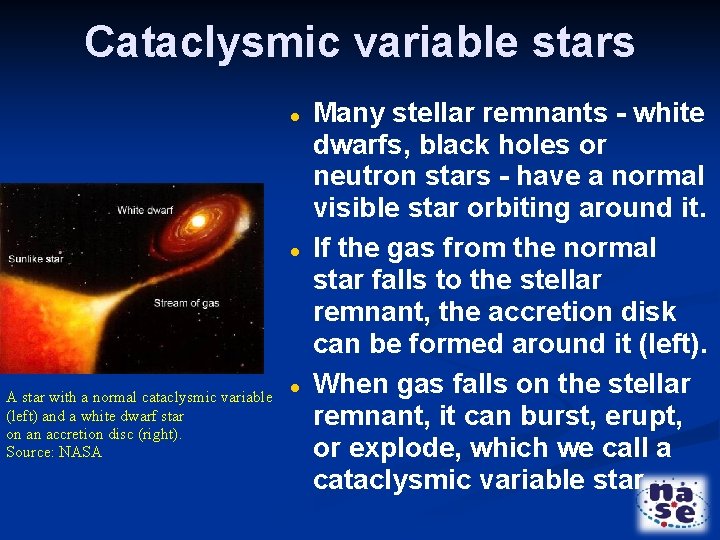 Cataclysmic variable stars A star with a normal cataclysmic variable (left) and a white