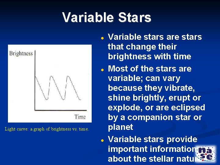 Variable Stars Light curve: a graph of brightness vs. time. Variable stars are stars