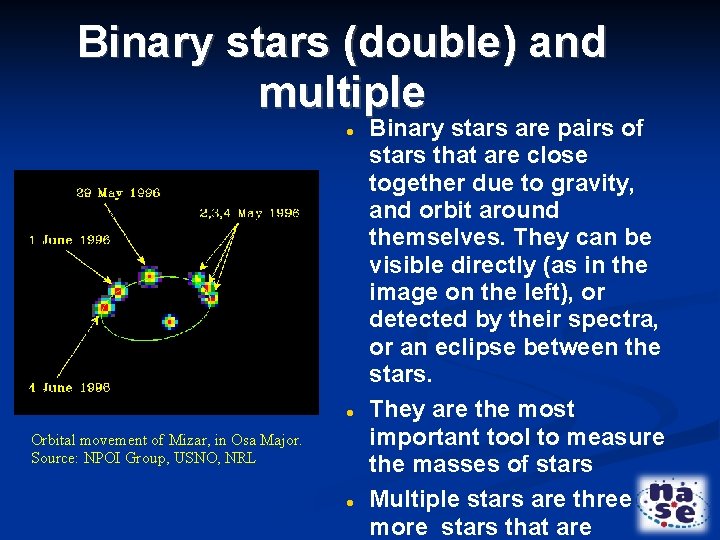 Binary stars (double) and multiple Orbital movement of Mizar, in Osa Major. Source: NPOI