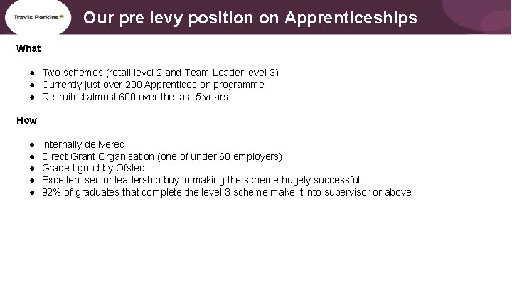 Our pre levy position on Apprenticeships What ● Two schemes (retail level 2 and